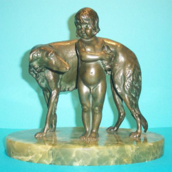 Bergman Child Holding a Teddy Bear with a Standing Borzoi Dog Bronze Figural Sculpture