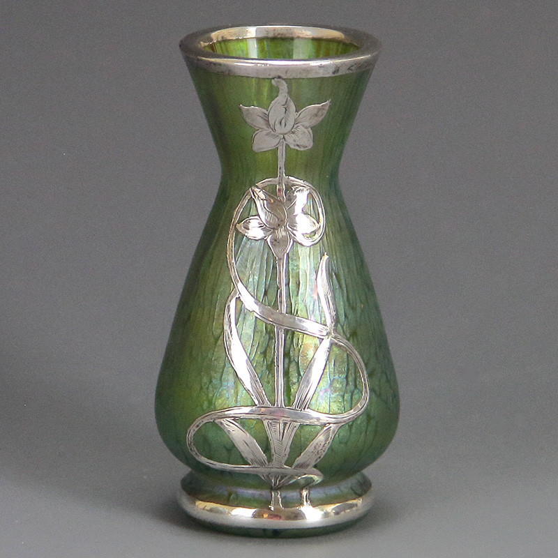Johann Loetz Art Nouveau Papillion Vase with Silver Overlay (c.1900)