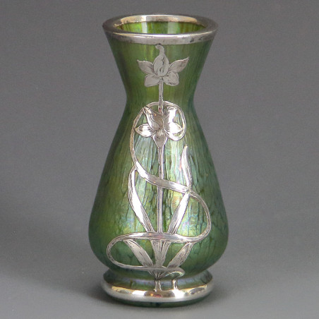 Johann Loetz Art Nouveau Papillion Vase with Silver Overlay (c.1900)
