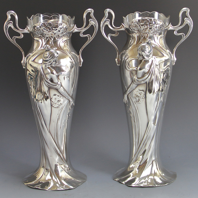 WMF Art Nouveau Silver Plated Vases with Original Crystal Cut Glass Liners (c.1906)