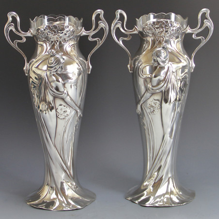 WMF Art Nouveau Silver Plated Vases with Original Crystal Cut Glass Liners (c.1906)