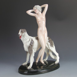 Goldscheider, Art Deco Ceramic Figure of a Nude Female with Borzoi Dog (c.1925)