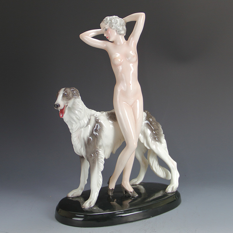 Goldscheider, Art Deco Ceramic Figure of a Nude Female with Borzoi Dog (c.1925)