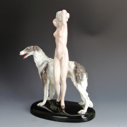Goldscheider, Art Deco Ceramic Figure of a Nude Female with Borzoi Dog