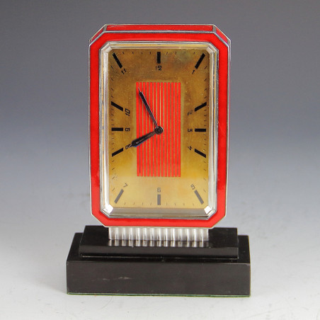 Art Deco Silver and Enamel Table Clock. Swiss (c. 1929)