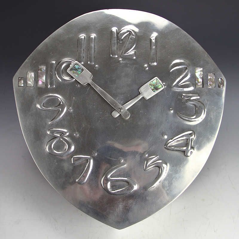 Archibald Knox for Liberty & Co Rare Pewter and Abelone Shell Wall Clock (c.1903)