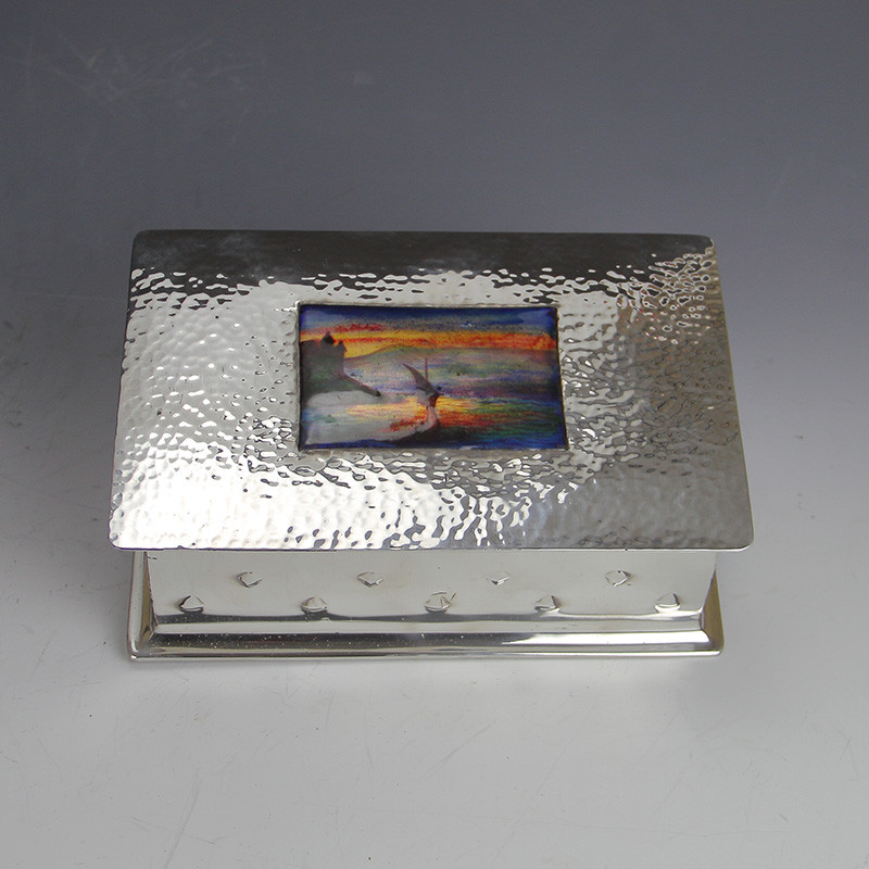 Tudric Pewter Cedar Lined Cigarette Box with Enamel Panel (c.1905)