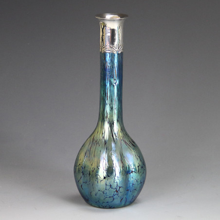 Johann Loetz Art Nouveau Cobalt Blue Papillion Decor Silver Top Vase (c.1900)