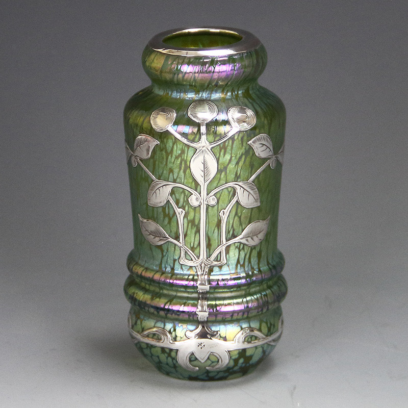 Johann Loetz Art Nouveau Papillion Vase with Silver Overlay (c.1900)