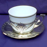 Set of Six WMF Silver Plate and Porcelain Cups and Saucers