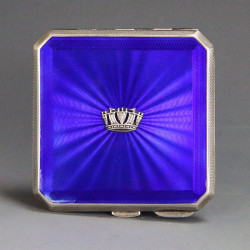 Silver and Royal Blue Guilloche Enamel Compact Birmingham 1949