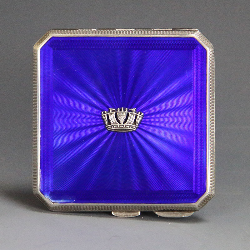 Silver and Royal Blue Guilloche Enamel Compact Birmingham 1949