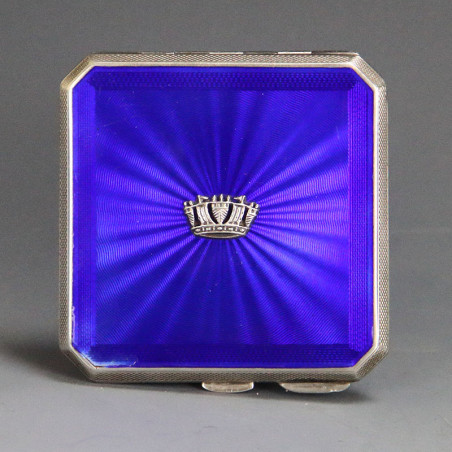 Silver and Royal Blue Guilloche Enamel Compact Birmingham 1949
