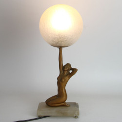 Art Deco Gilded Spelter Lamp with Crackle Glass Shade on Alabaster Base (c.1930)