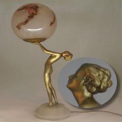 Art Deco Bronzed Speltre Female Figural Lamp with Original Glass Shade
