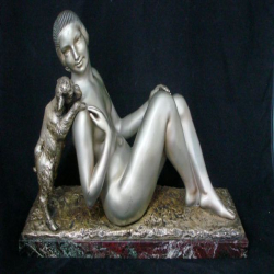 Germaine Oury (CERF) Silvered Bronze Figure of a Reclining Nude & Pet Dog