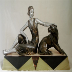 Art Deco Reclining Woman Figure & Sitting Panther Speltre on Onyx & Marble Base
