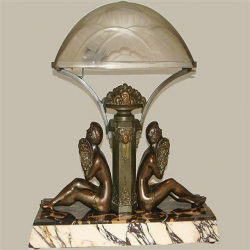 Limousin Art Deco Spelter Lamp with Glass Shade Signed J Robert