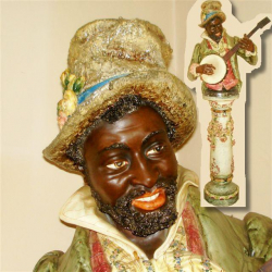 Majolica Bust The Minstrel Banjo Player with Original Floral Stand
