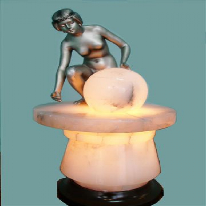 Art Deco Spelter Figural Female Lamp with Alabaster Shade on Stepped Mount