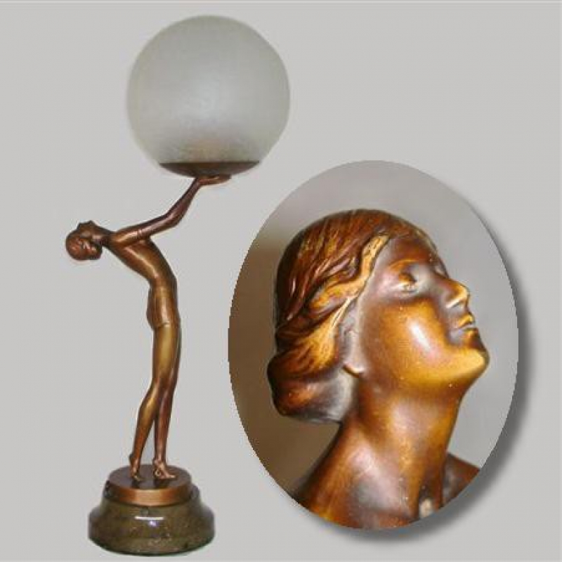 Art Deco Bronzed Spelter Female Figural Lamp with Glass Shade