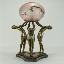 Art Deco Bronzed Spelter Triple Figural Dancer Lamp with Original Glass Shade