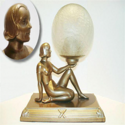 Art Deco Bronze Spelter Reclining Female Figural Lamp with Original Glass Shade