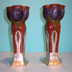 Antique Pair of Orivit Pewter & Ceramic Vases