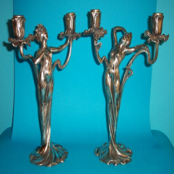 Pair of Antique French Polished Pewter Candlesticks