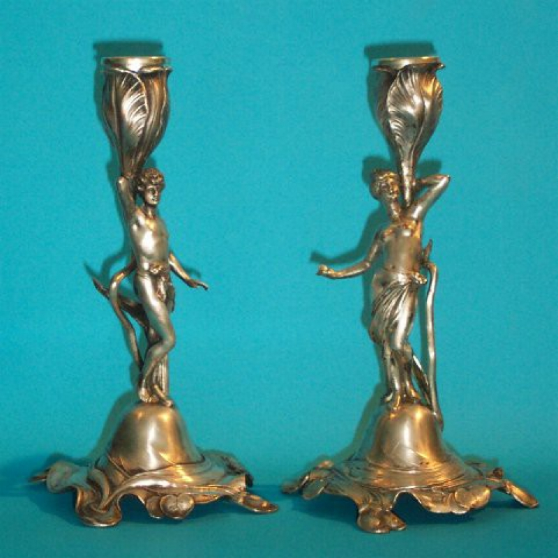Pair of WMF Female Figural Candlesticks with Original Silver Plating
