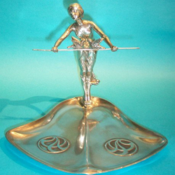 Antique WMF Pewter Card Tray with Standing Girl and Two Birds