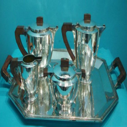 Gallia Silvered Metal Tea or Coffee Set with Macassar Wood Handles & Finials