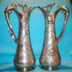 Pair of Antique WMF Wine Jugs with Handles in the Form of Mermaids