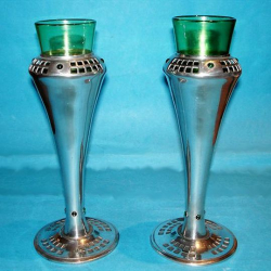 Pair of Antique Osiris Pewter Vases Inset with Green Stones