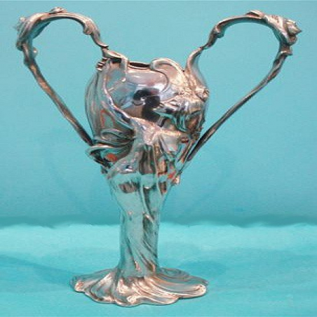 French Art Nouveau Pewter Vase Embossed with Flowing Maidens to Handles