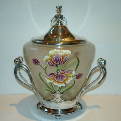 Antique WMF Silver Plated Biscuit Jar with Enameled Flowers