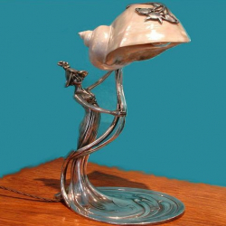Max Klinger Art Nouveau Pewter & Conch Shell Lamp. Circa 1900