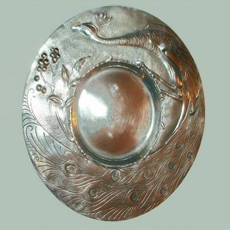 Art Nouveau German Pewter Peacock Wall Charger. Circa 1900
