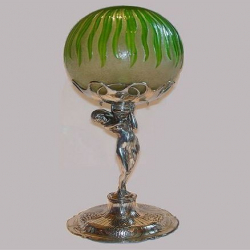 Orivit Pewter Lamp with Loetz Cameo Glass Shade. Circa 1900